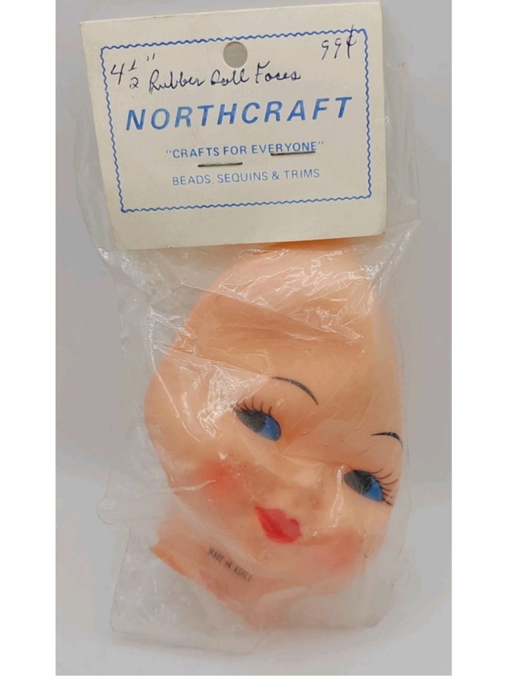 Vintage Doll Making Supplies Craft Head Rubber Doll Face 4.5" Blue Eyes